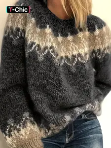 Vintage Geometric Print Raglan Sleeve Sweater, Fashion Casual Long Sleeve Round Neck Festive Jumper for Holiday Wear, Women's Knit Top for Fall & Winter, Knitwear