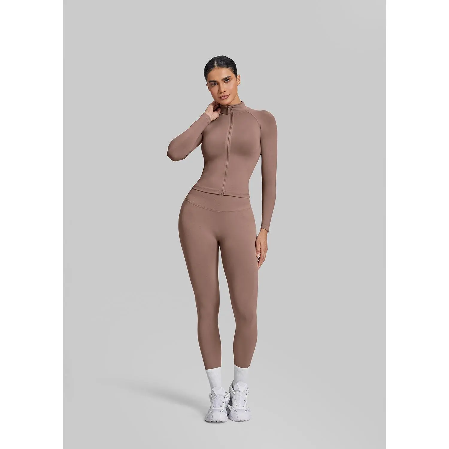 Female Seamless Longline Jacket with Full Easy Zipper - Breathable Full-Sleeve Athletic Wear, Warm Fitted Slim-Fitting Contouring Curve-Hug, Sporty Casual Training Outfit