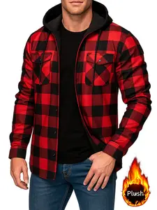 Men's Plaid Print Button Front Drawstring Hooded Shirt, Casual Regular Fit Long Sleeve Pocket Hooded Top for Fall & Winter, Men's Clothes for Daily Wear