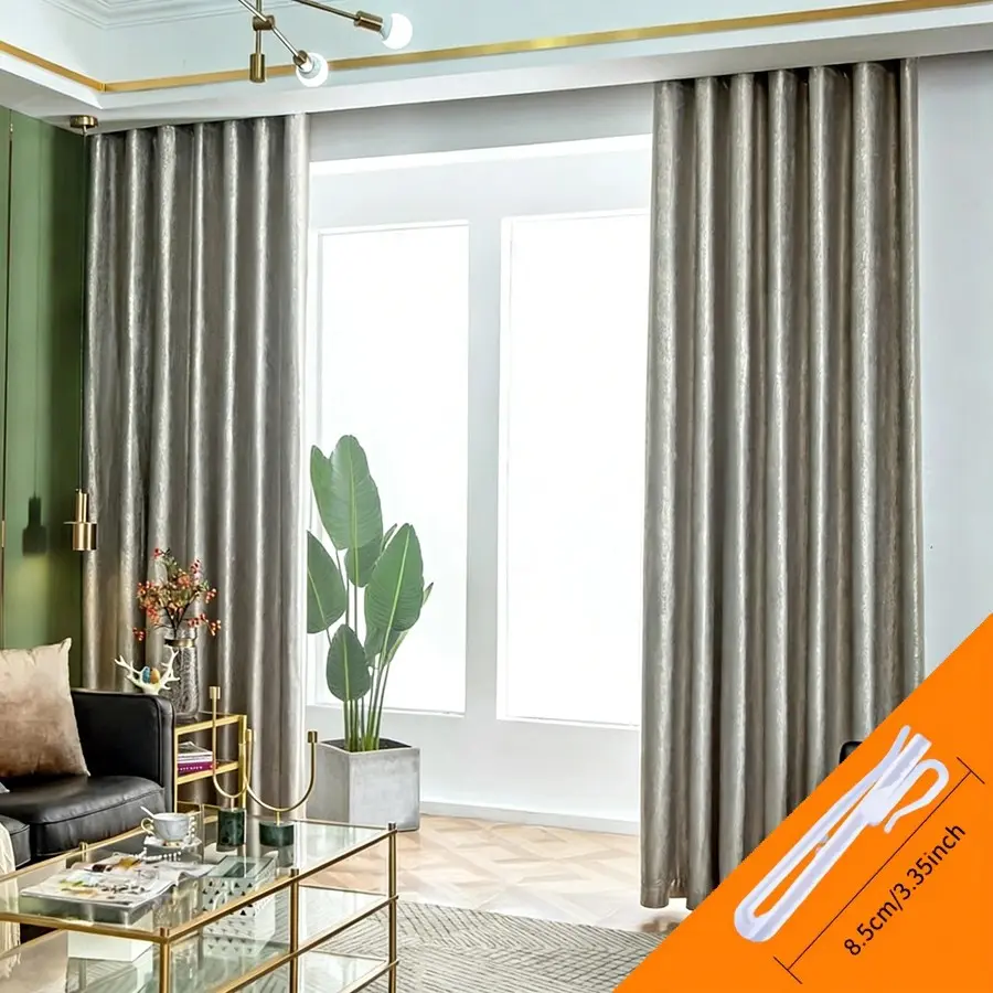 2pcs Modern Silver Textured Curtains, Full Light Block and Soundproof, Minimalist Floor-Length Finished Drapes, Elegant Home Decor, Window Curtain