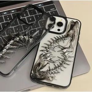 INS 3D Metal Fish Bone Clear Phone Case For iPhone 17 16 15 13 14 12 11 Pro Max Punk Chic Camera Protection Soft Silicon Cover