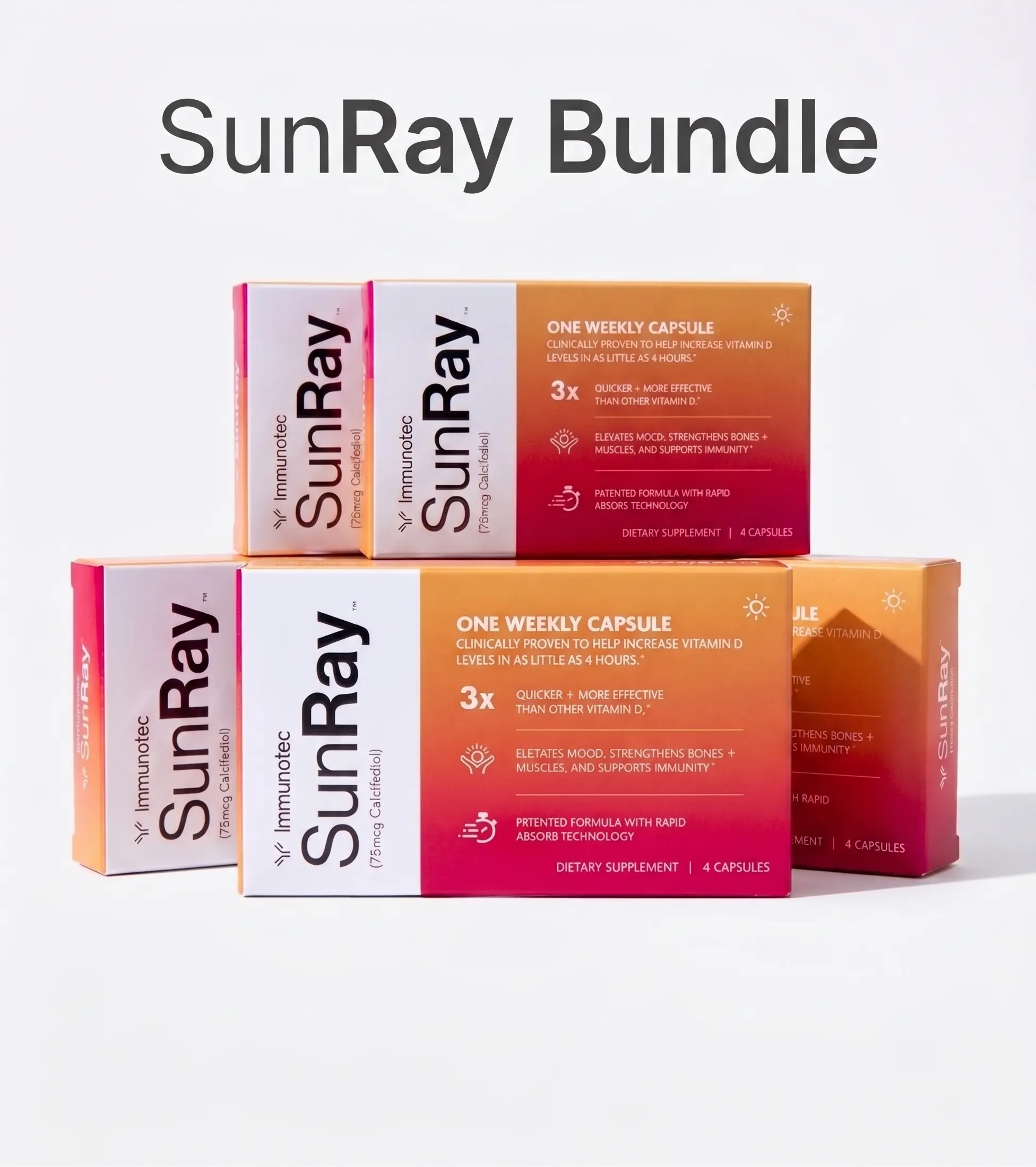 Immunotec SunRay Vitamin D 75mcg Calcifediol - 5-Box Bundle Deal, Once-Weekly Fast-Acting Capsules, Clinically Tested, Strong Bones & Energy, Prop 65 Safe