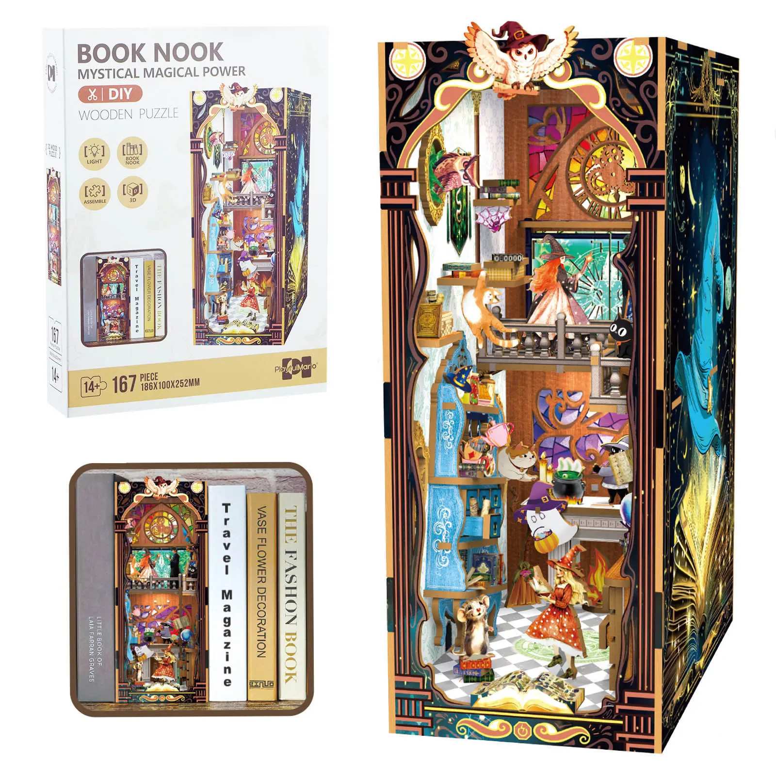 3D Wood Design Handicraft DIY Book Nook Making Kit with LED Lights - Mystic Shelf Light, Bookshelf Insert Bookend, Crafts for Adults, Unique Home Decor Gift