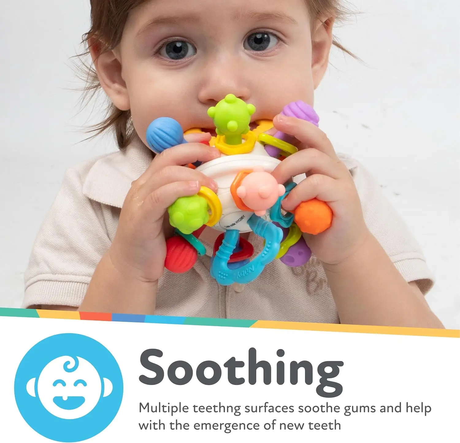 Unisex Baby Manhattan Silicone Teething Rattle Ball Toy - Multicolor, Click Sound, 360° Rotating, Sensory Play, Teeth Soothing, Infant Early Developmental Toy, Newborn Shower Gift for 0-12mths