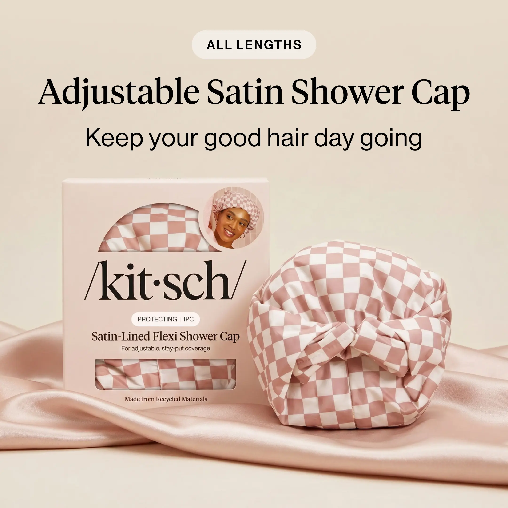 All Lengths Adjustable Satin Shower Cap - Kitsch Reusable Waterproof Cap for Long & Short Hair - Blowout, Silk Press & Braids Protection All Lengths Adjustable Satin Shower Cap - Kitsch Reusable Waterproof Cap for Long & Short Hair - Blowout, Silk Press & Braids Protection