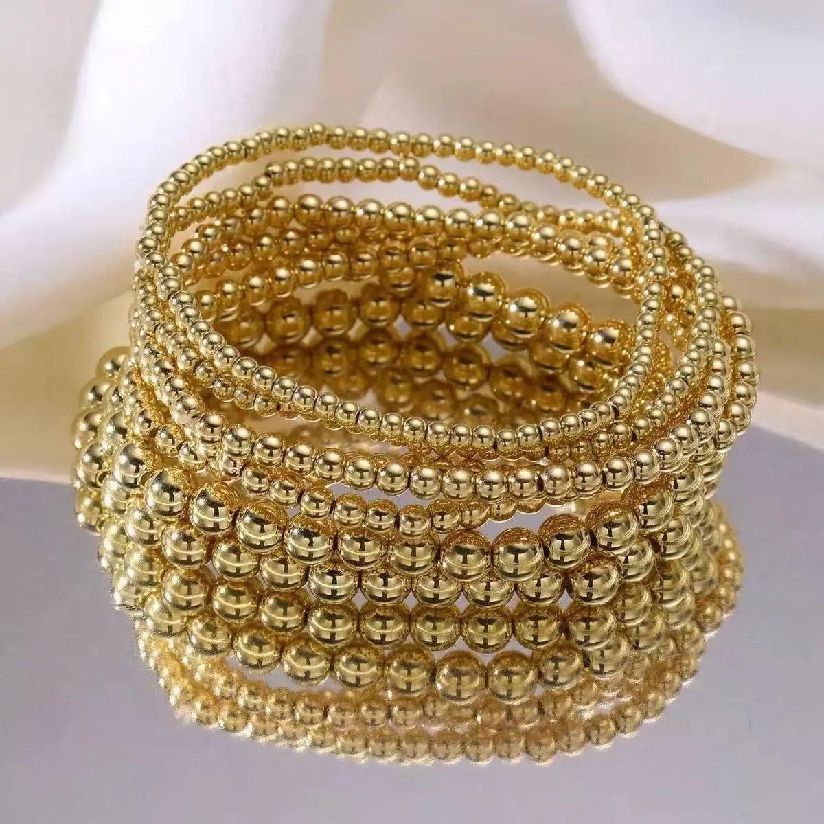 5Pcs 14K Gold Plated Stackable Beaded Bracelets Set for Women, Trendy Viral Influencer Vintage Versatile Layering Bead Bracelets Daily Fashion Jewelry Arm Candy Gift Jude Two-Tone St. Pave Rose Sparkling