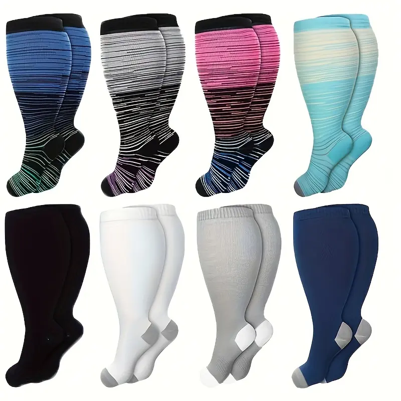8 Pairs White Cross-Striped Compression Support Knee-High Socks for Plus Size/XXL Wide Calf Women, Cushioned Grip Sports Socks for Work, Travel, 8*Pairs Color1