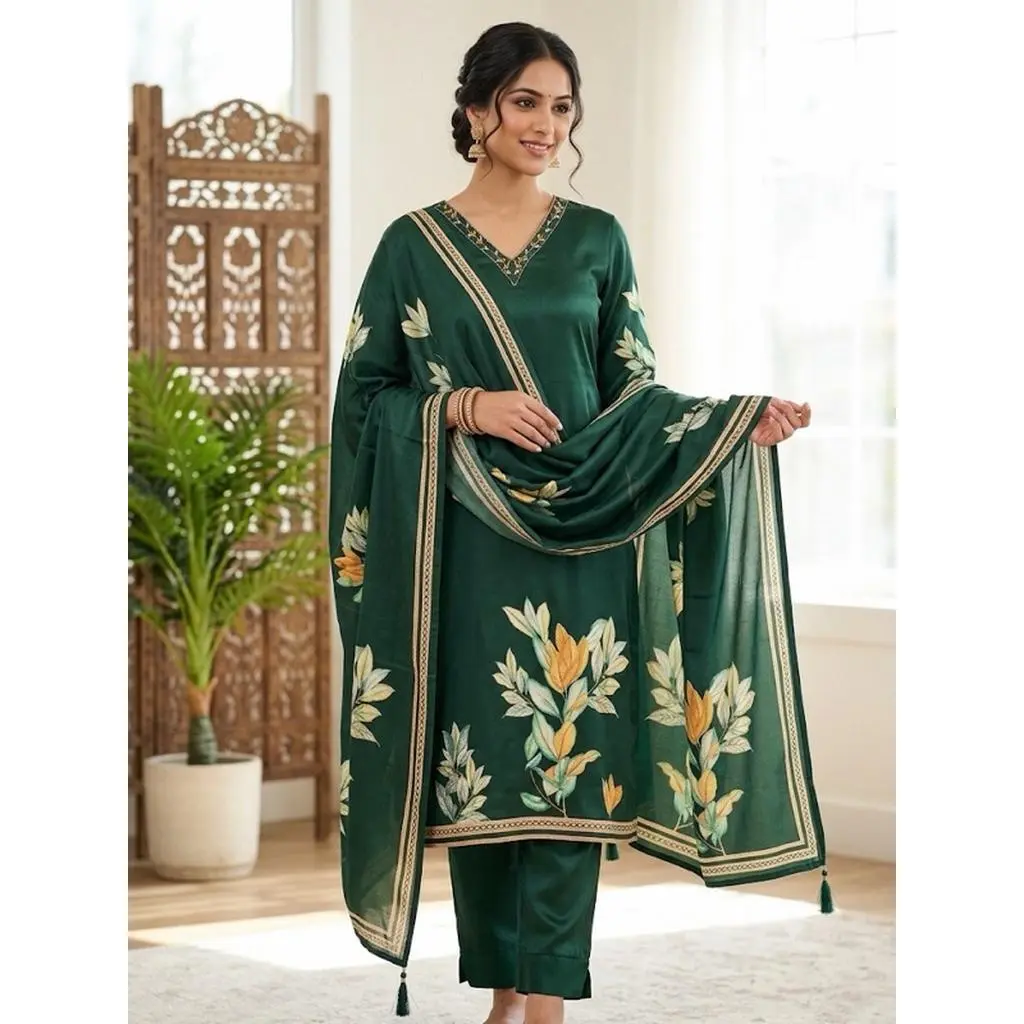 Women's Floral Print Kurta Set with Dupatta Elegant Three-Piece Outfit Ethnic Wear Trousers and Casual Kurti Set Traditional Festive Wear Green Color M L XL XXL