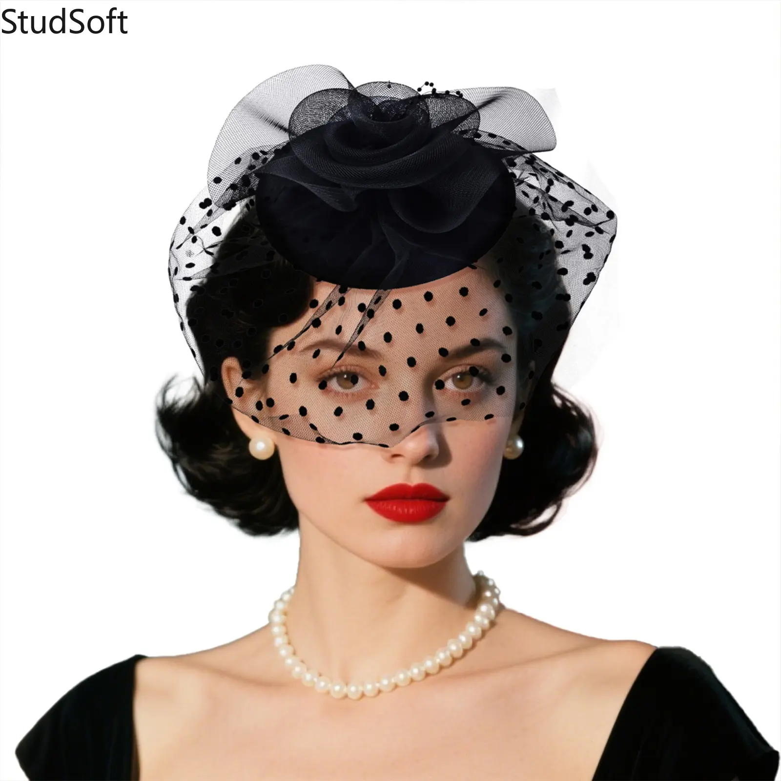 Black Polka Dot Fascinator Hat - Female Floral Mesh Flower Headpiece with Netting, Bridal Accessory for Tea Parties, Weddings, Bridal Accessories, Party, Costume Headpiece, Tea Party Cocktail