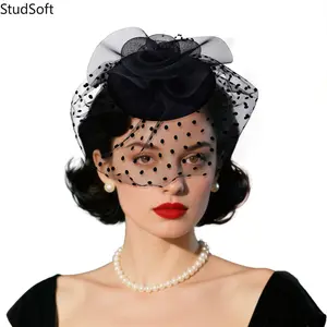 Black Polka Dot Fascinator Hat, Mesh Flower Headpiece with Netting, Tea Party Cocktail Hat for Weddings & Derby