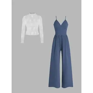 Two-Piece Set for Women Solid Color Lace Tee & Pocket Jumpsuit Set, Elegant Fashion Casual Back Zipper Romper & Long Sleeve Daily Outdoor Wear, Spring and Autumn Women's Clothing, Matching Set Womenswear Overalls