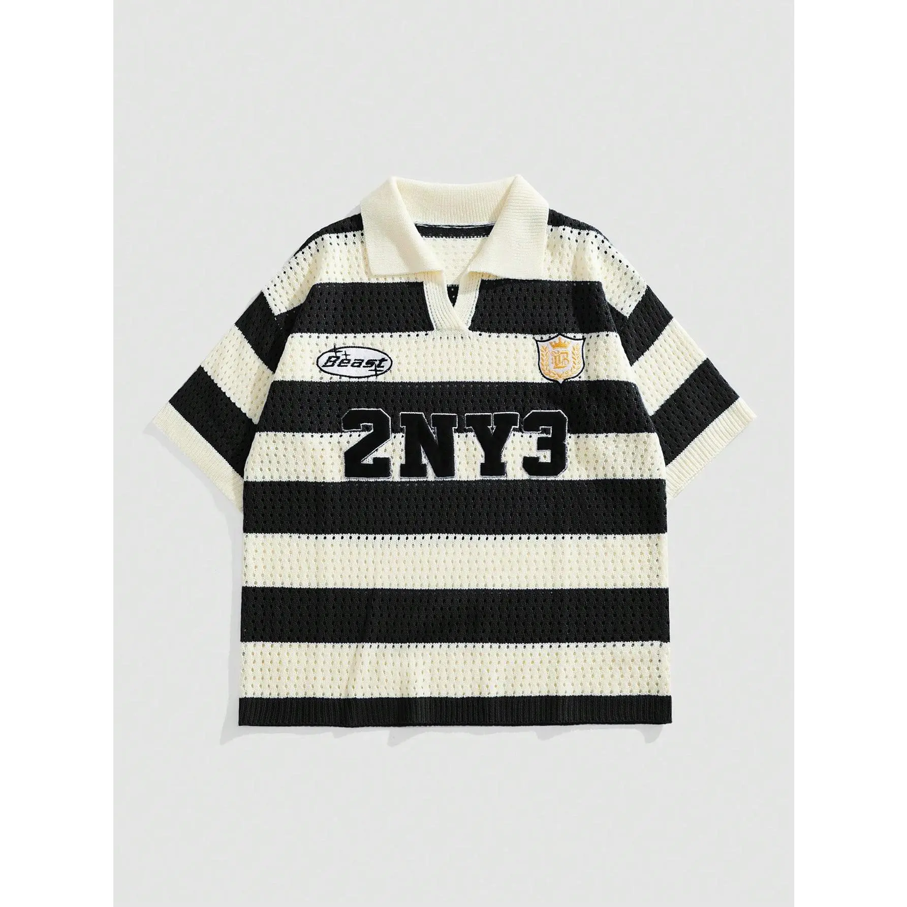 Unisex Knitwear Letter Striped Jacquard Knit Short Sleeve Polo