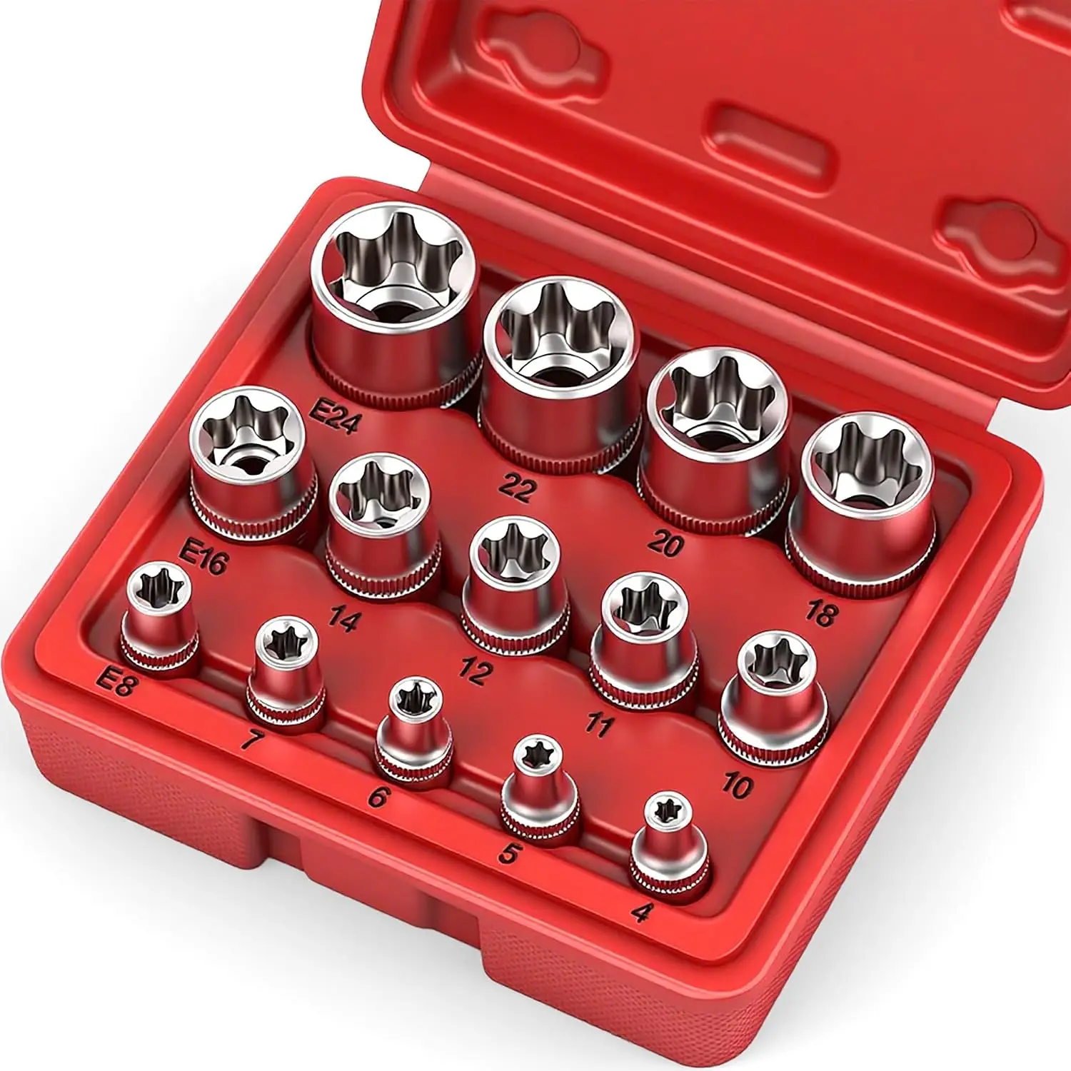 14-Piece E-TORX Socket Set - Premium Female Torx Socket Set, Ultimate Torque Star Sockets, External Torx Sockets, E4 E5 E6 E7 E8 E10 E11 E12 E14 E16 E18 E20 E22 E24
