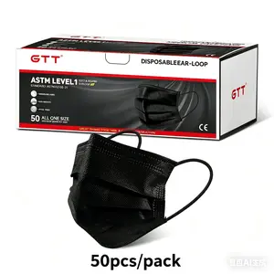 50pcs/1pack Black, GTT Disposable Face Masks 3‑Layer Protection for Adults, ≥95% Filtration, Soft Elastic Ear Loops, Breathable Daily Cover for Home Office Travel School