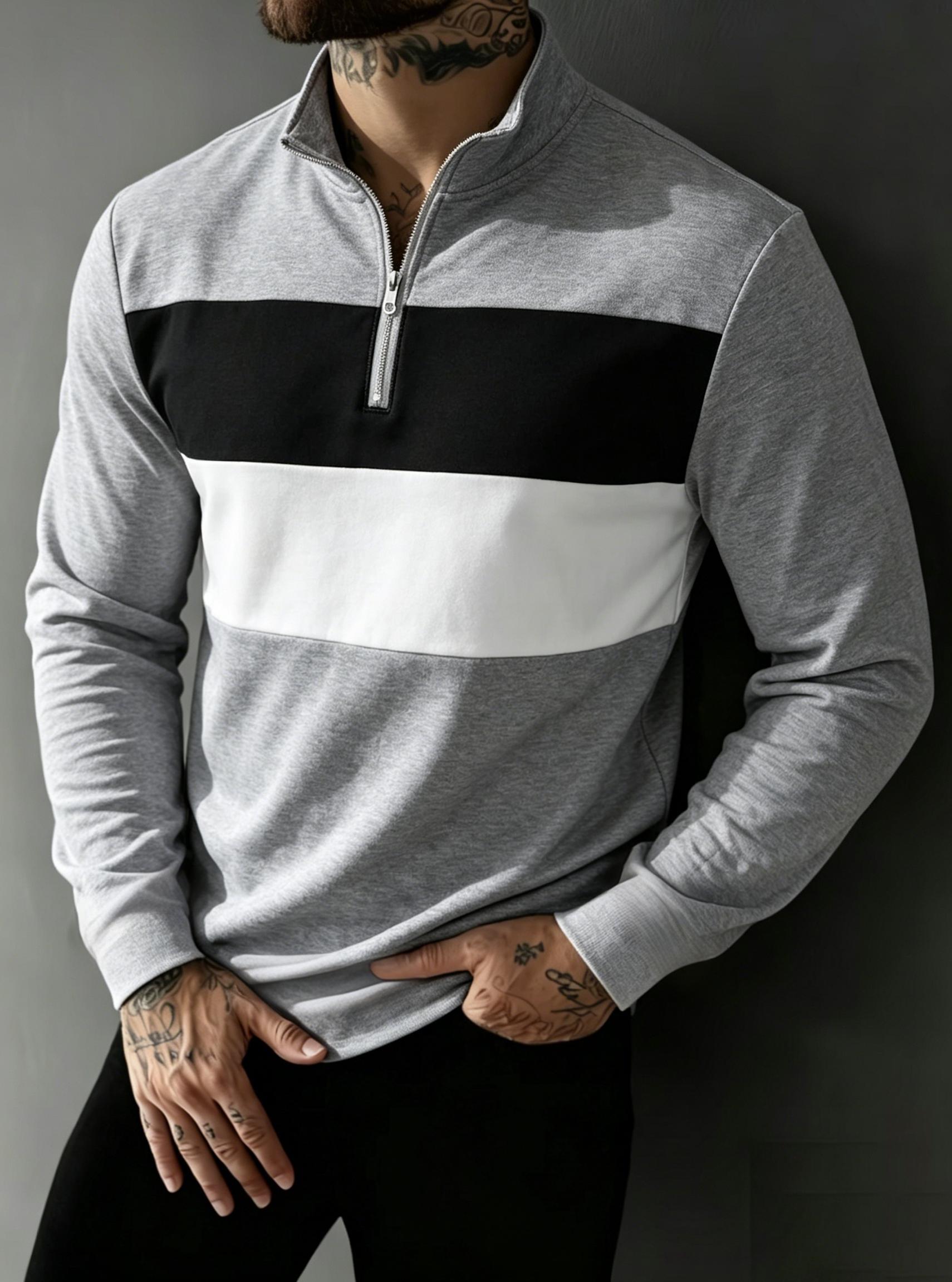 Men's Quarter Zip Polo Shirt Long Sleeve Color Block Pullover Casual Golf Shirt Stand Collar Sweatshirt Tops
