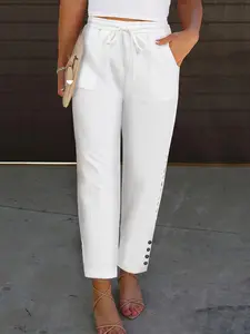 Women's Plain Lace Insert Trousers, Casual Comfy Breathable Straight Leg Pants for Spring & Fall, Women's Bottoms for Daily Wear, Womenswear