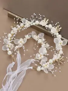 Elegant Fairy Princess Hairband Bracelet Set, Faux Pearl & Floral Design, Blue Wedding Birthday Party Accessories, Flower Crown