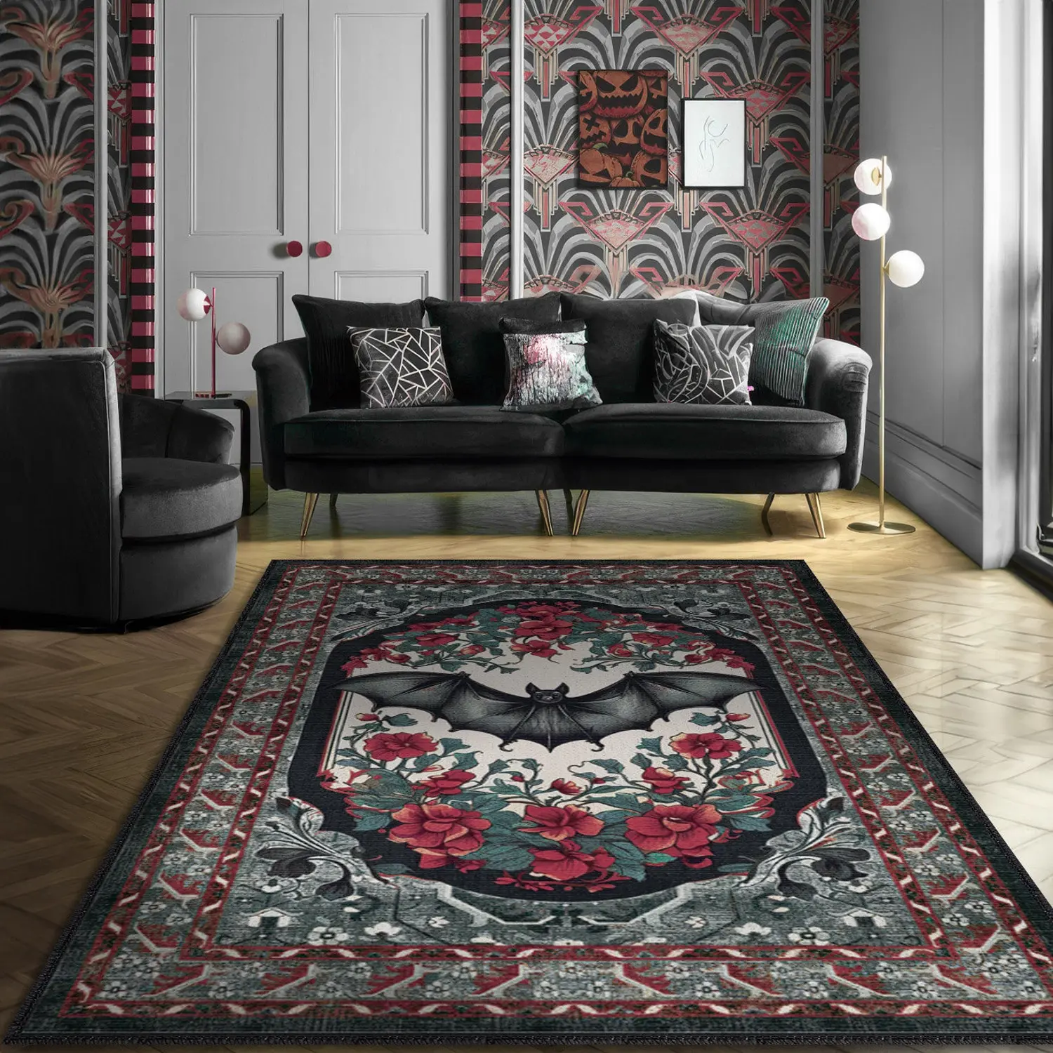 Gothic Rug, Goth Home Decor, Goth Gifts, Gothic Home Decor, Bat Rug, Maximalist Rug Goth Room Decor, Victorian Area Rug, Witchy Home Décor