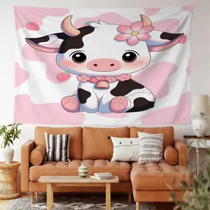 [Digitally Printed Tapestry] Kawaii Baby Cow Tapestry, Charming Wall Hanging, Cute Cow Illustration with Pink Flower and Strawberries, Perfect for Kids' Room Decor, Digital Print Soft Fabric Wall Tapestry for Adorable Home Aesthetic.