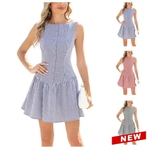Tanming Womens Plaid Mini Dress Sleeveless Boat Neck Backless Drop Waist Zipper Back Pleated Dress