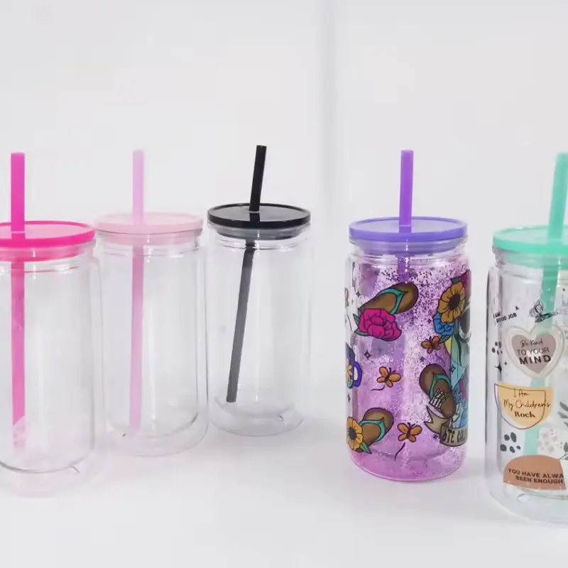 Custom 16/12 oz Snowglobe Glitter plastic acrylic cups Drinkware and Reusable.