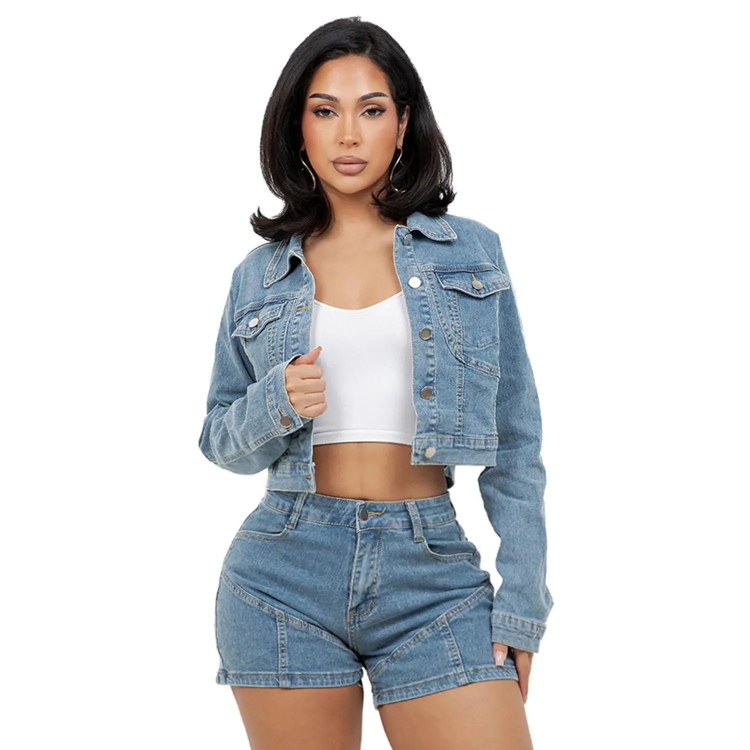 Women's Casual 2-Piece Fitted Denim Set - Long Sleeve Crop Denim Jacket, High-Hip Button-Down Crop Top Shorts