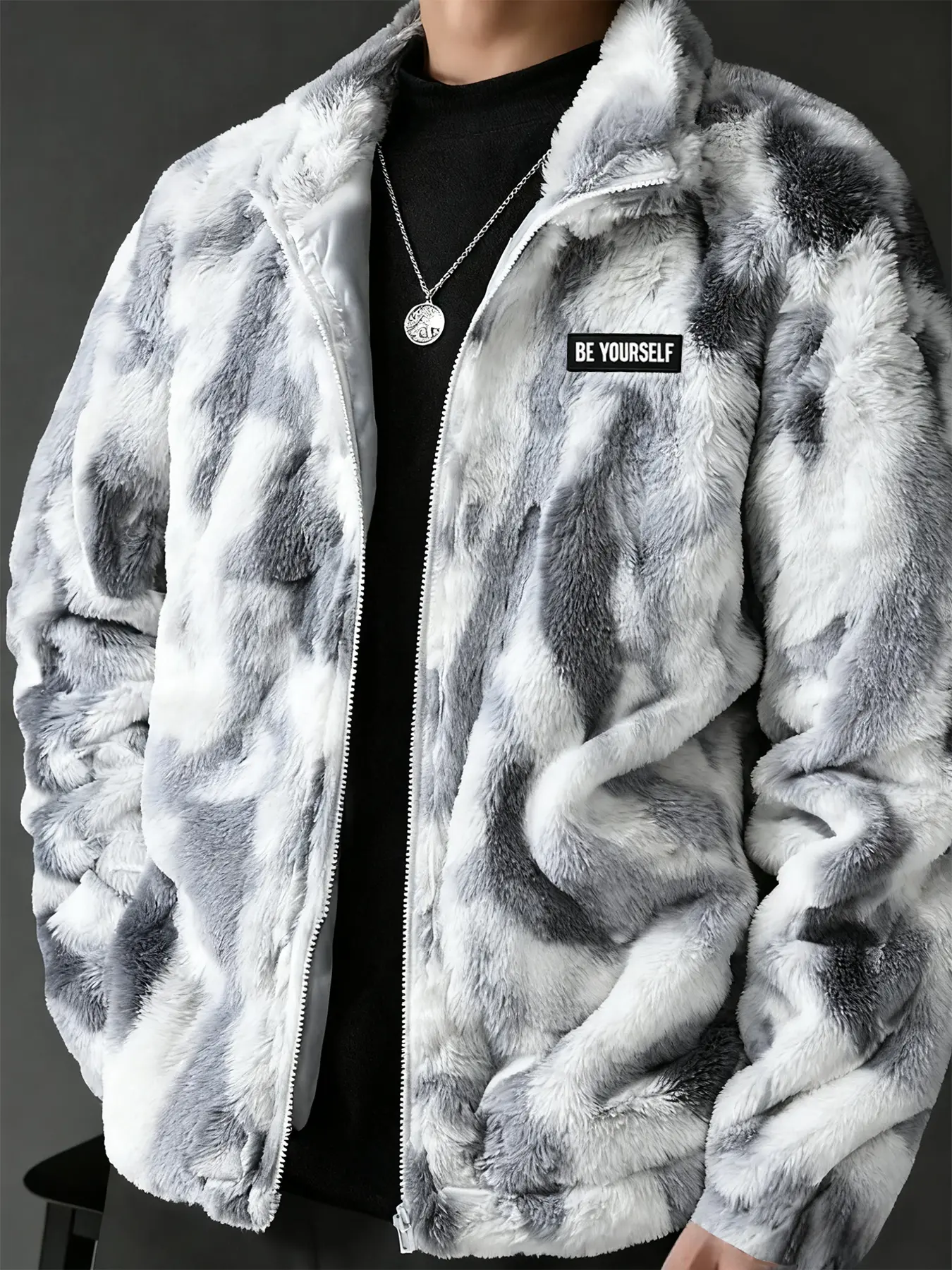 Unisex Streetwear "Beyourself" logo pattern snow leopard print white camouflage fleece jacket, Y2K Fashion, Couple, Men's Gift, Trendy Clothing, Black Friday holiday gifts, Zipper Jacket