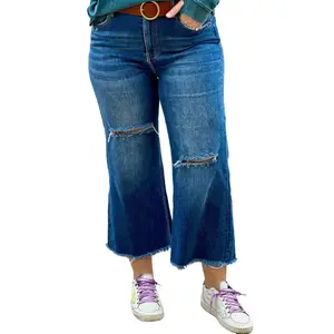 Risen Iris Distressed Crop Jean in Blue - Wide Leg Style for Women, Comfortable Fit, and Versatile Streetwear Design
