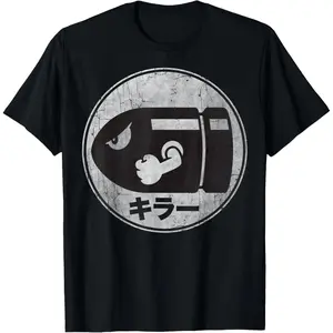 Super Mario Bullet Bill Distressed Kanji Logo T-Shirt Round Neck Casual 100% Cotton Menswear Top Shortsleeve Inspired