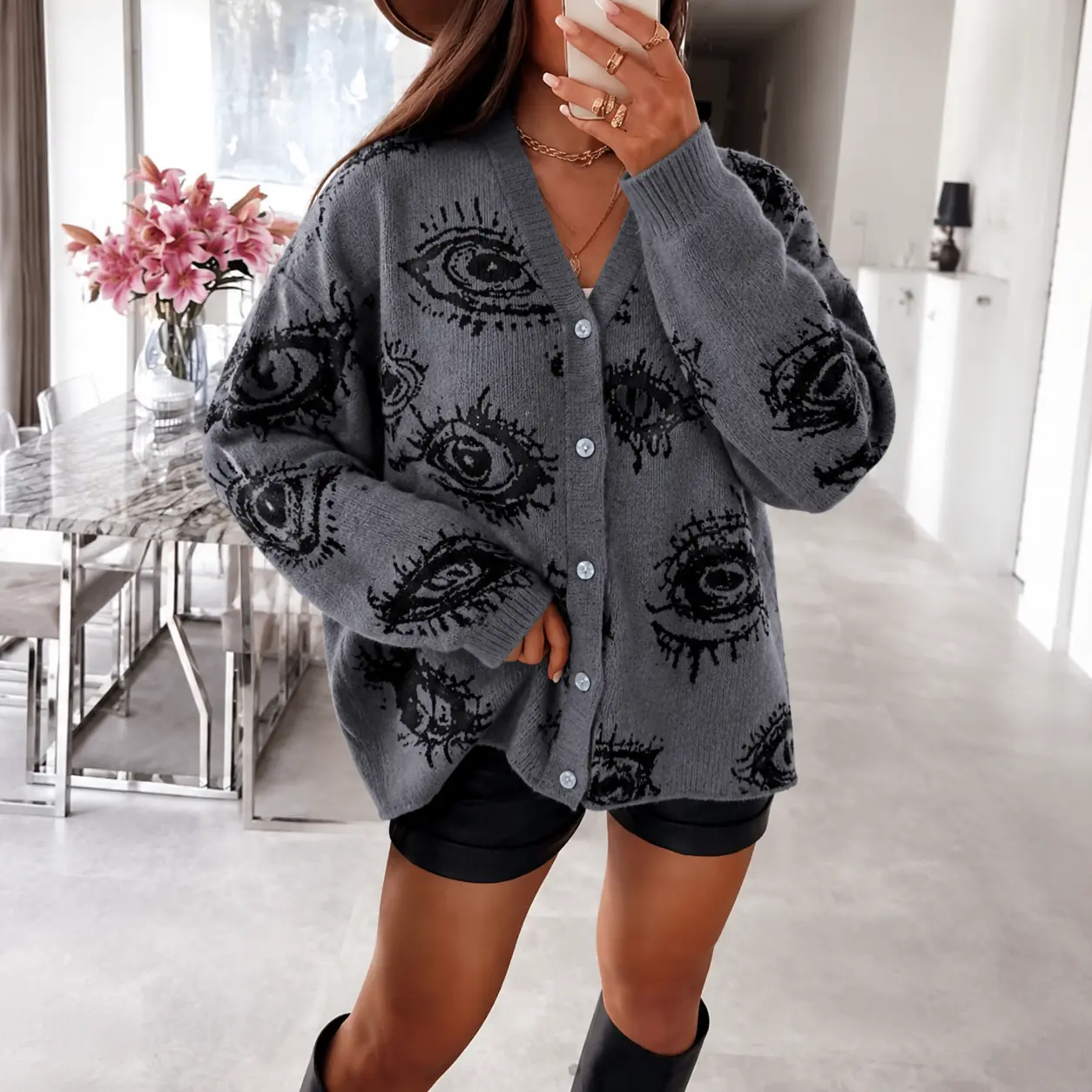 2026 #SummerVibes Fashion New Creative Retro Big Eyes Pattern Design Buttoned Cardigan Long Sleeve Skin-Friendly Versatile Unisex Polyester Knit Sweater, Tops, Knitting Womenswear Knitted Knitwear Casual Women