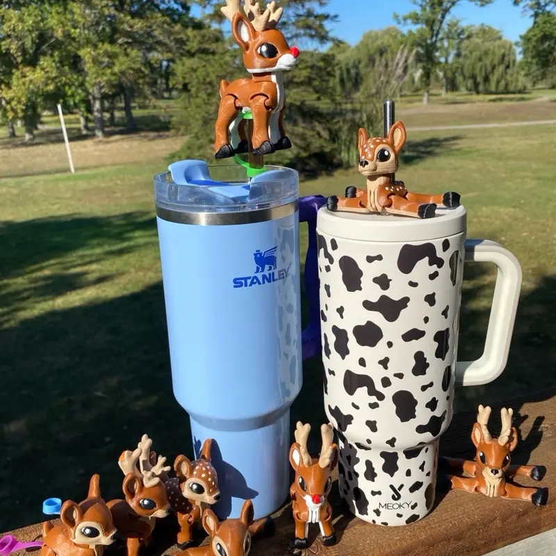 Reindeer Deer Buck Rudolph Fawn Doe Christmas and Hunting Season Articulated Straw Toppers and Charms for Stanley Tumbers & 9.5mm Straws with Durable PLA Design - Stylish, Beverage