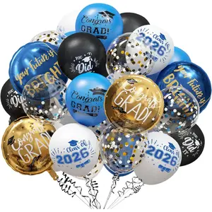 Graduation Blue and Gold Balloons 2026 - Grad Latex Confetti Balloons with Congrats Grad Foil Balloons for Graduation Party Decorations Supplies, 60Pcs
