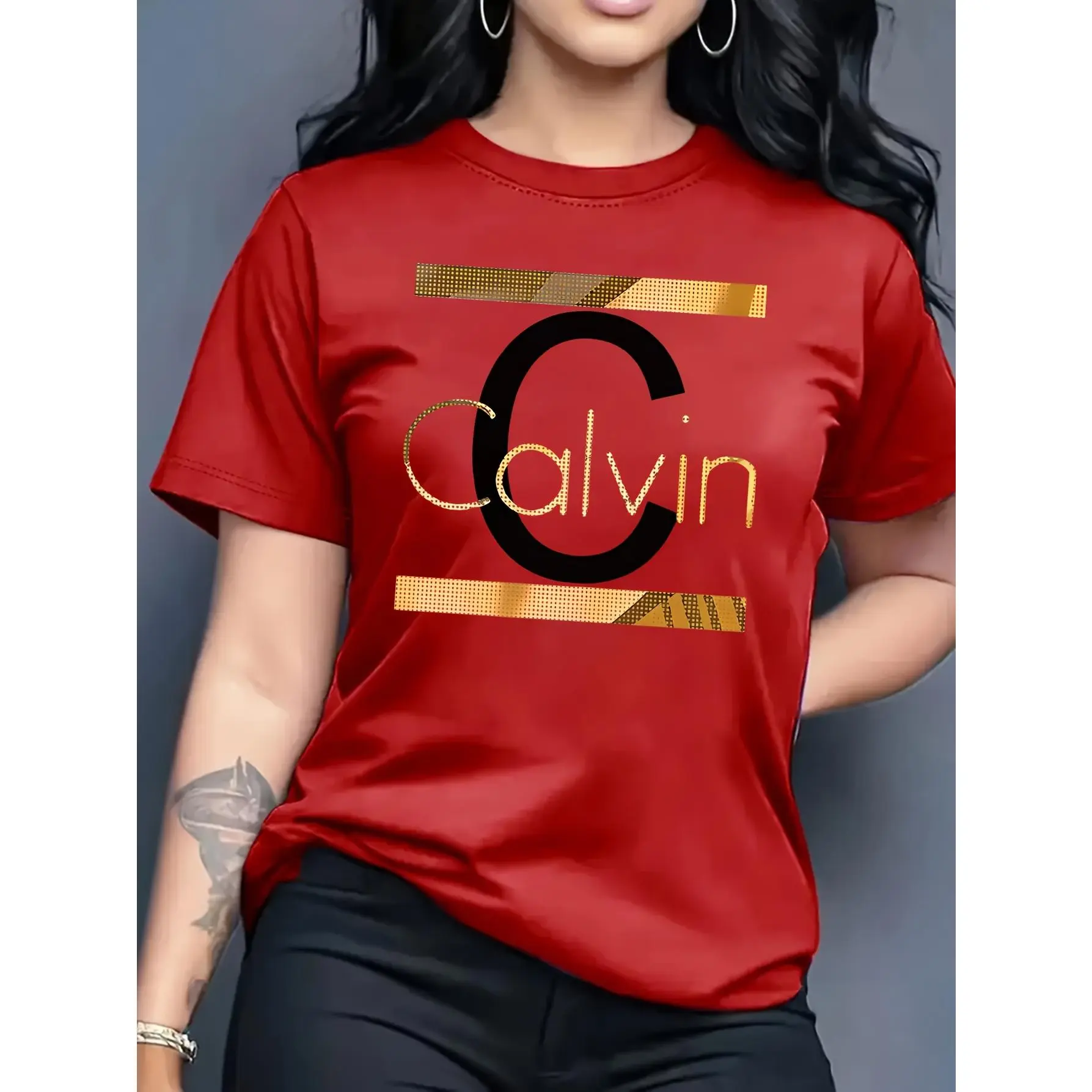 100% Cotton Calvin Women's Casual Short Sleeve Round Neck T-Shirt - Bold CALVIN Pattern Print and Gold Letter Geometric Pattern, Olive Green, Machine Washable Spring Summer Top, Smooth Fabric, Everyday Versatile, Fashion Design