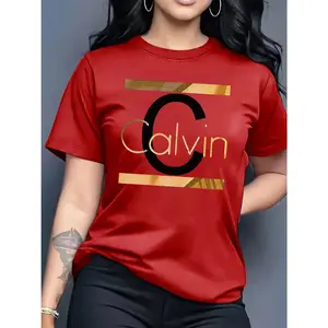 100% Cotton Calvin Women's Casual Short Sleeve Round Neck T-Shirt - Bold CALVIN Pattern Print and Gold Letter Geometric Pattern, Olive Green, Machine Washable Spring Summer Top, Smooth Fabric, Everyday Versatile, Fashion Design