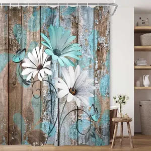 Farmhouse Flower Floral Shower Curtain, Rustic Teal Turquoise Daisy Shower Curtain Set, Country Blue Wild Garden Plant Fabric Shower Curtain with Hooks, Surreal Bathroom Curtain, 69x70inch