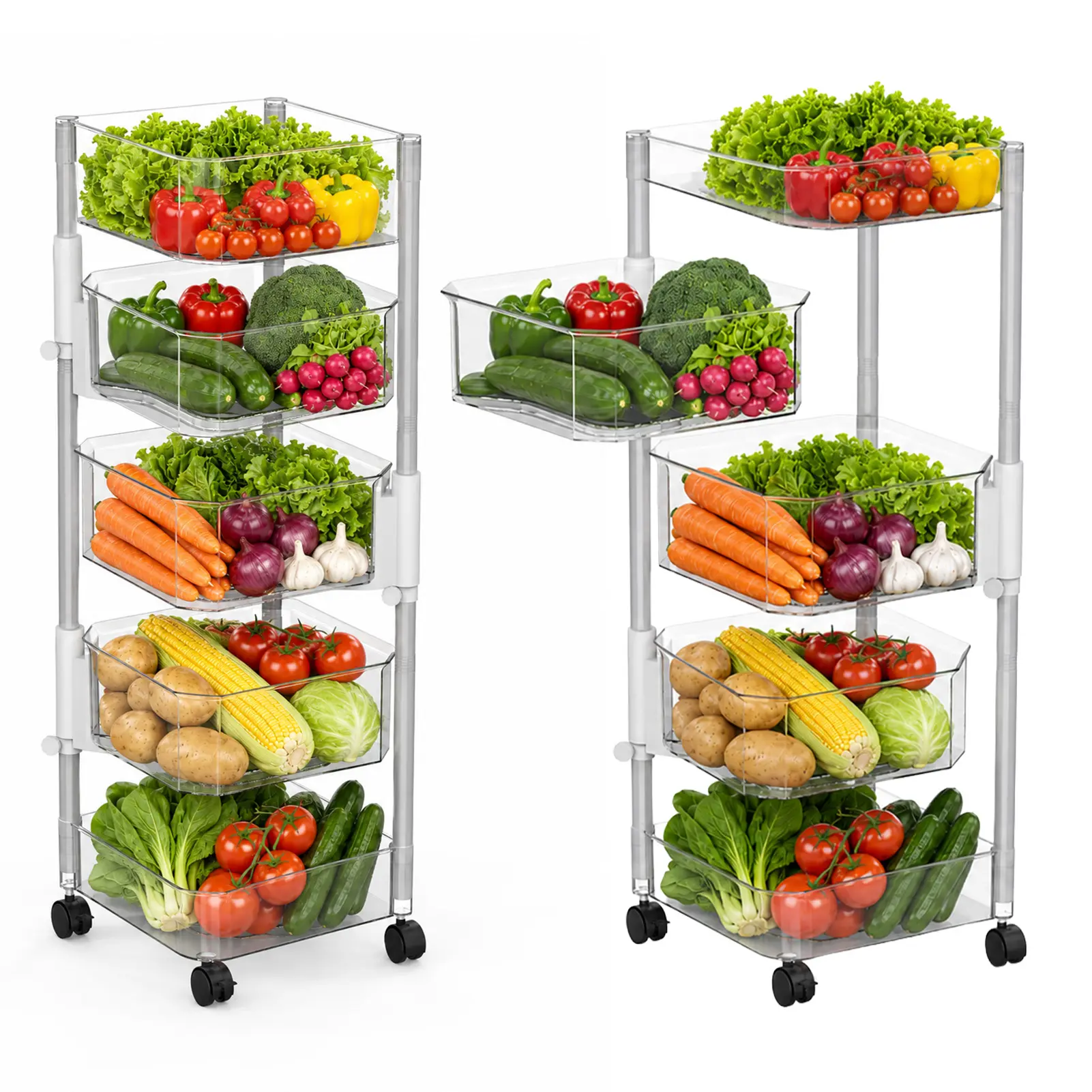 Kitchen Fruit Vegetable Basket, 360 Degree Rotating Storage Rack, No Assembly Kitchen Organizer (Clear, 5 Tiers, Square)