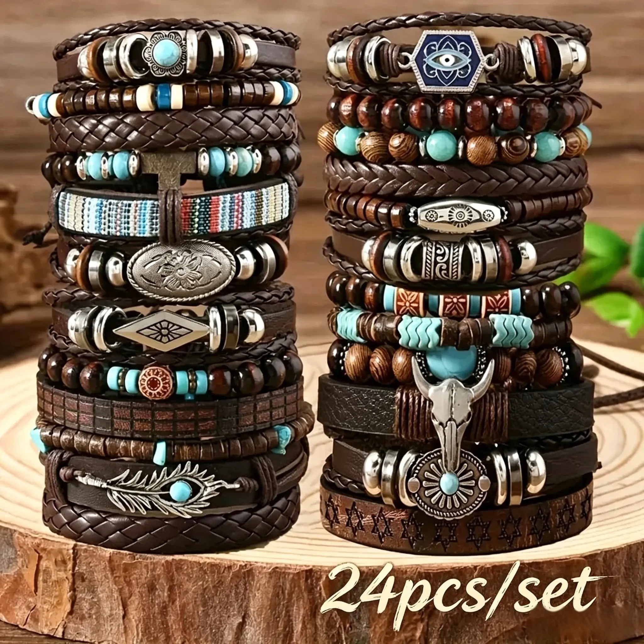 24pcs Retro Buffalo Head Turquoise Cowrie Wood Bead Bracelet Set - Brown Faux Leather with Star & Feather Pendants, Ideal Gift for Friends, Daily Occasion, Campus Event, Everyday Bracelet | Retro Style Bracelet | Durable Faux Leather Bracelet Fashionable