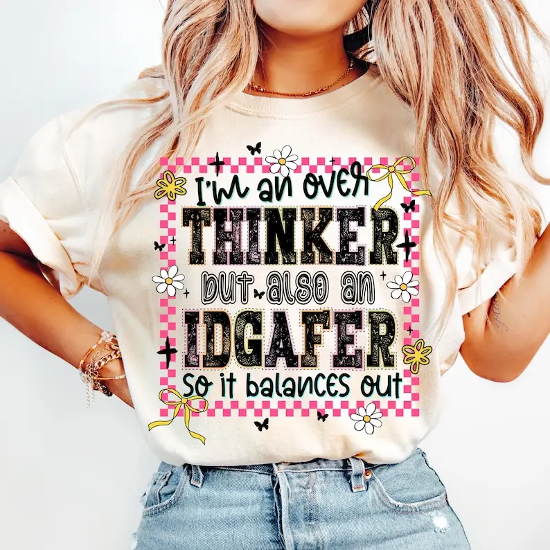 Women's Fitted Casual Short-Sleeve Top - Funny Anxiety Tee, Sarcastic Mental Health Shirt, Rude Retro Checkered Floral Snarky Adult Humor Shirt