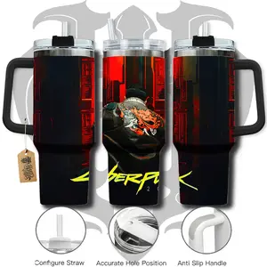 HardTimesMerch - Cyberpunk 2077 #3 40oz Handle Tumbler Stainless Steel Travel Mug, Game Inspired Vacuum Insulated Cup, Large Iced Coffee Tumbler, Manga Fighter Drinkware, Gamer Gift for Him Her