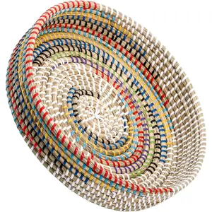12'' Woven Seagrass Serving Tray, Rattan Serving Tray, Handmade Round Ottoman Fruit Tray, Colorful Coffee Table Decorative Tray for Bread, Tea, Breakfast, Coffee, Drinks, Snack, Wall Decor
