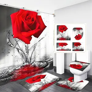 Rose & Waterfall Shower Curtain Set, Waterproof Bathroom Curtain, Includes Hooks, Toilet Lid Cover, Mat, Waterproof Polyester, Home Decor, Valentine's Gift