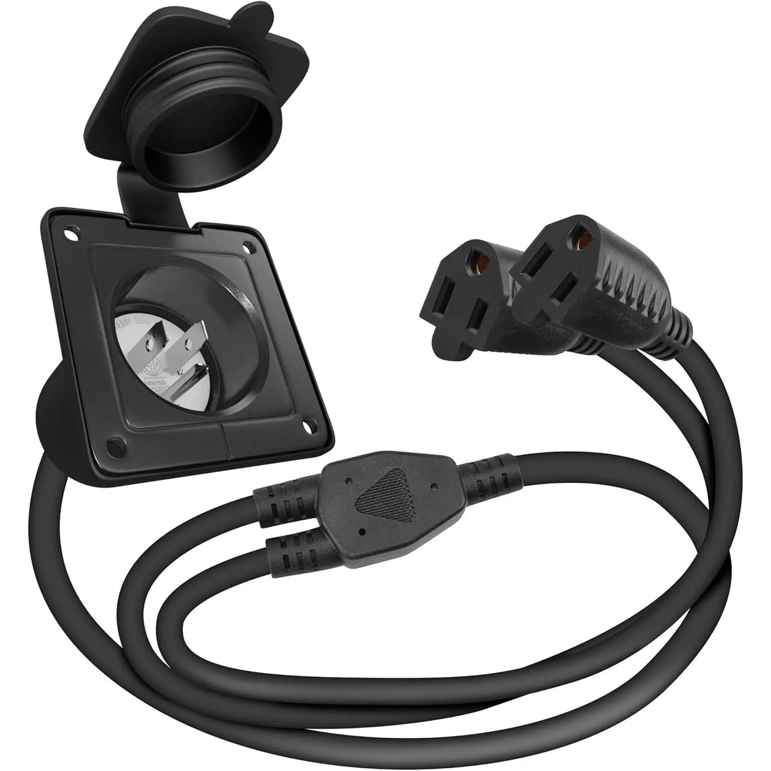 15 Amp Shore Power Inlet RV Flanged Power Plug NEMA 5-15P 125V AC Electrical Outlet Receptacle with Dual 18'' Extension Cords &  Cover for  Trailer  Van Shed, ETL Listed