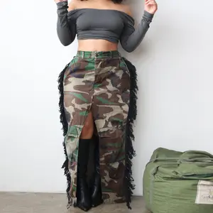 Women's Fashion Personality Camouflage Washed Fringe High Slit Skirt