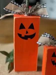 Handmade Jack O Lantern Sets. Reversible One sire jack o lantern and other side is rustic pumpkin, Halloween Decor, Thanksgiving Decor, Shelf Sitters, Rustic Fall Decor, Farmhouse, Country Chic Fall Decor, Farmhouse Halloween Decorations