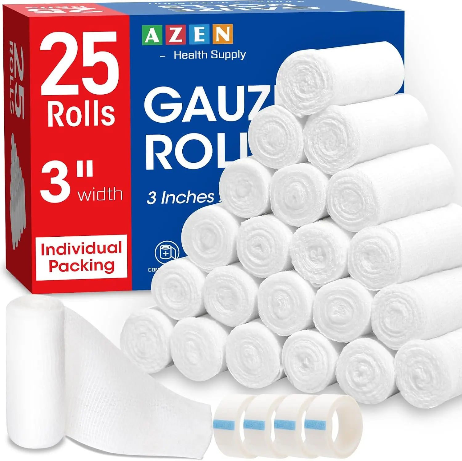 AZEN 25 Pack Gauze Rolls Bandages, Premium Medical Supplies & First Aid Supplies, Bandage Wrap Vet Wrap, Mummy Wraps