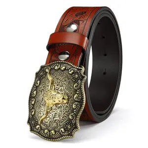 Men’s leather belt with a silver-tone buckle featuring an embossed gold longhorn steer design, and a floral embossed pattern on the body. This is a sturdy yet stylish Western-style belt suitable for work and weekends — an excellent gift for Valentin