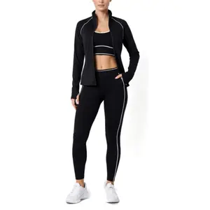 Samantha Set - Activewear Sports Bra Matching Legging & Athletic Jacket with Stand-Up Collar Zip-Front Closure Hidden Side Pockets White Piping