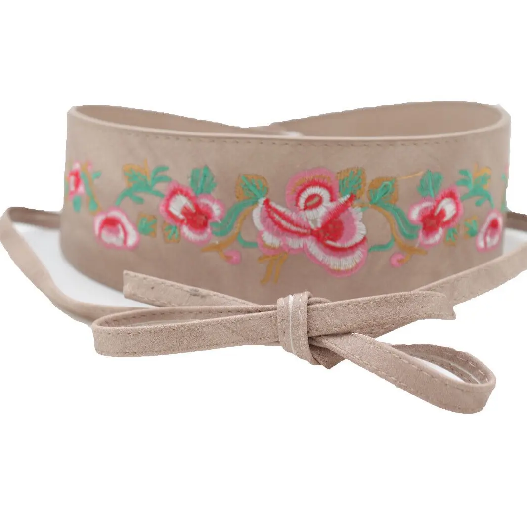 Women Kimono Faux Leather Wrap Around Tie Belt High Waist Red Rose Flower XS S M Beige