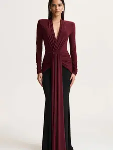Deep V Ruched Drape Tie Set, Long Sleeve Design for Elegant Evening Wear, Contrast Fish Tail Pants for Sophisticated Style