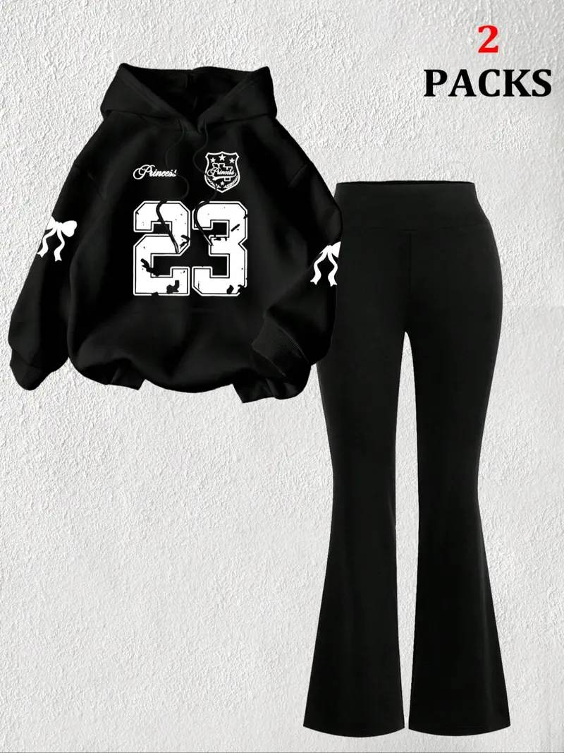 【FREE PERSOMALITY】Women's Warm Sweatshirt Set + Slim Fit Flare Pants, Casual Butterfly Print, Kangaroo Pocket, Fall & Winter